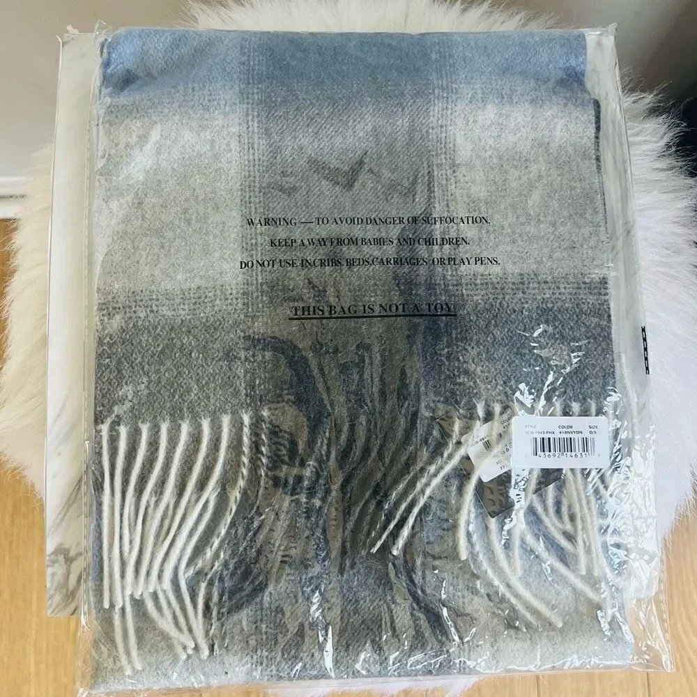 PHENIX Cashmere Mixed Weave Buffalo Plaid Scarf, Soft Luxurious, Blue Plaid, NWT
